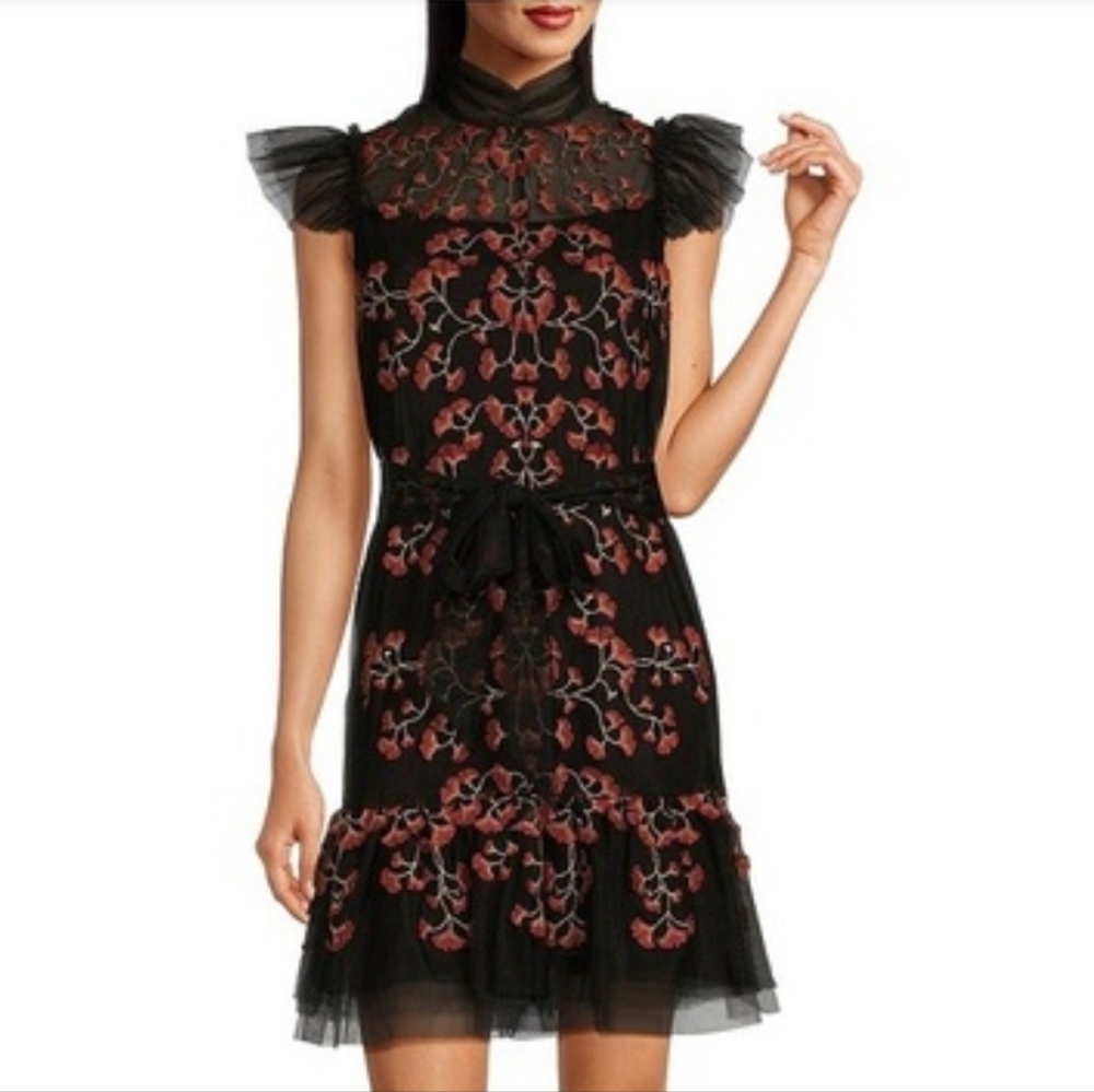 Alex Marie Sheer Illusion Black Dress Floral Embroidered Mock Neck Size 10